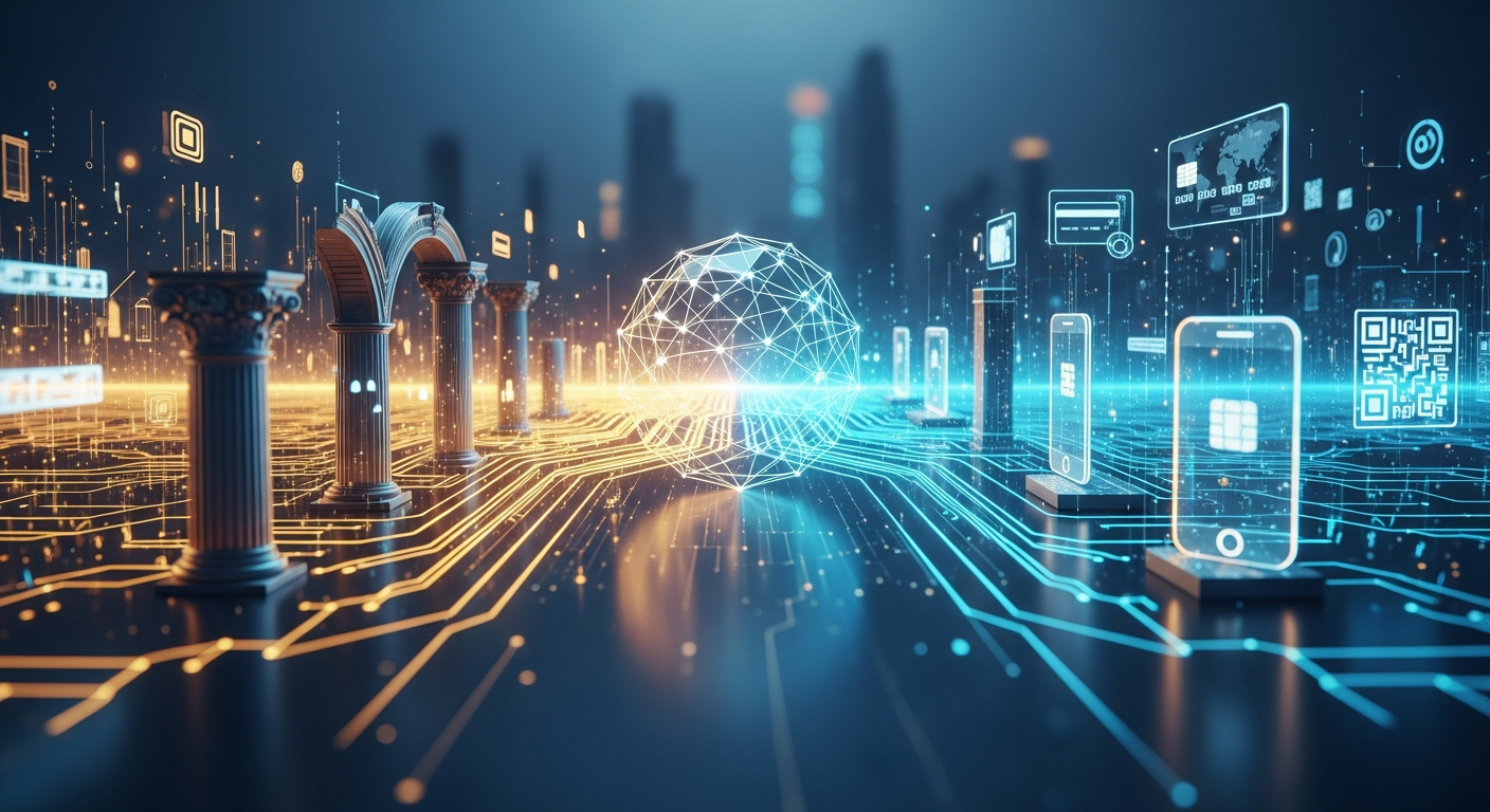 Visual abstrato de alta tecnologia com elementos geométricos metálicos convergindo bancos e pagamentos digitais.