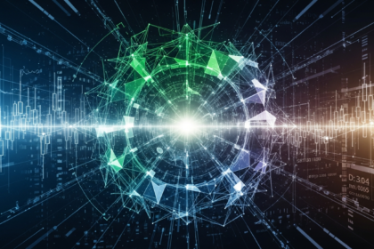 Rede luminosa e intrincada de formas geométricas abstratas, evocando dados digitais e criptomoedas.