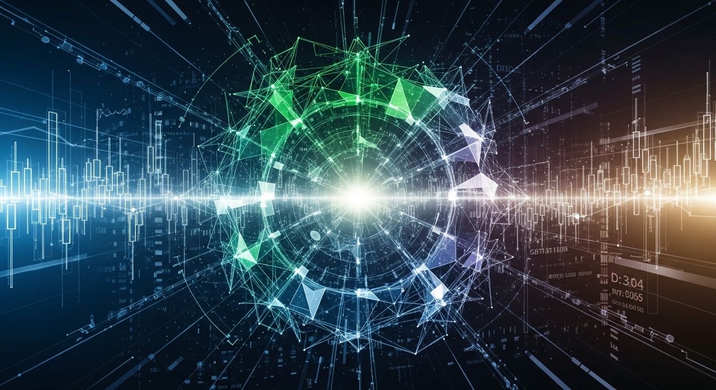 Rede luminosa e intrincada de formas geométricas abstratas, evocando dados digitais e criptomoedas.