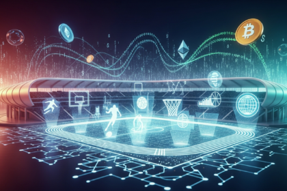 Estádio futurista minimalista simbolizando a convergência de esportes globais e finanças digitais.