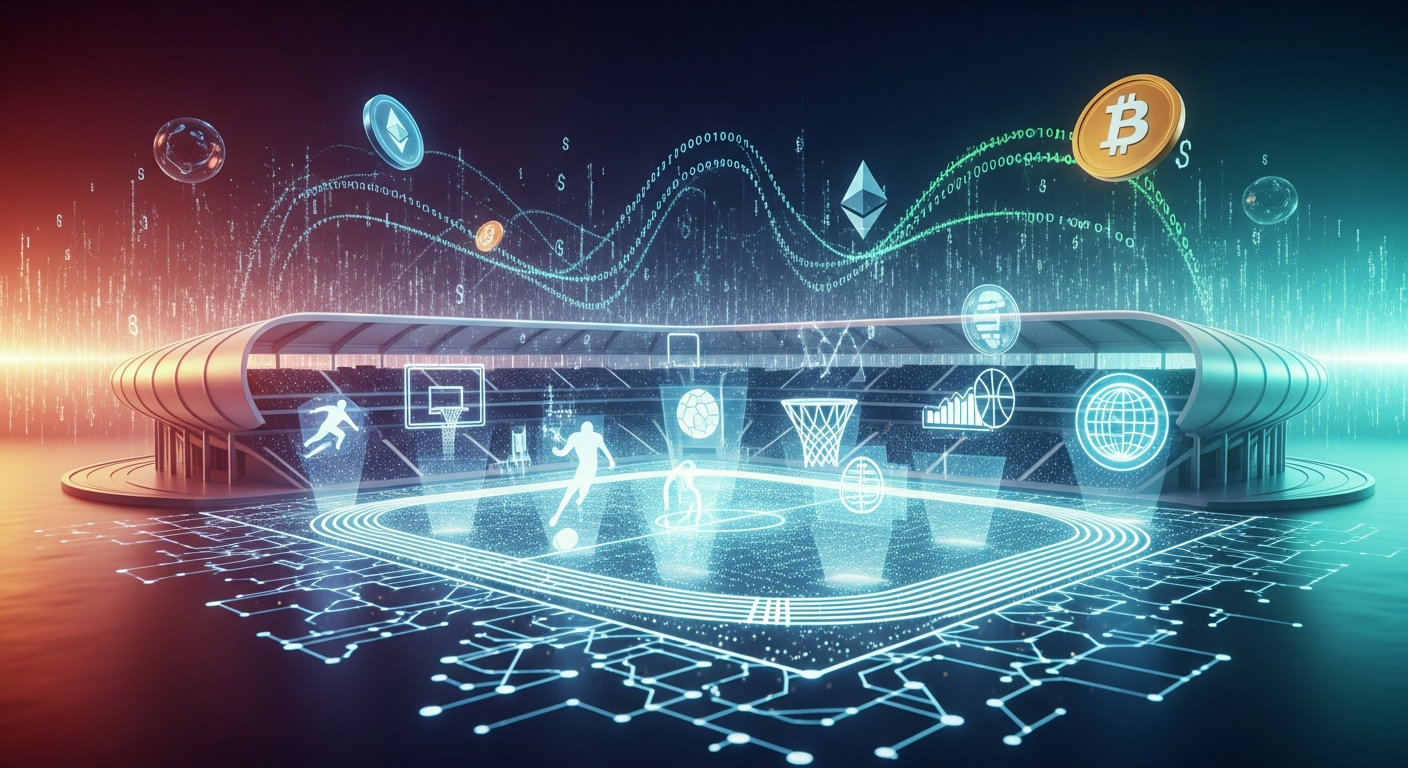 Estádio futurista minimalista simbolizando a convergência de esportes globais e finanças digitais.
