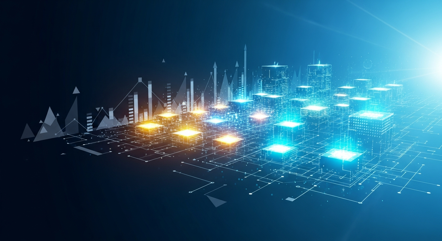 Abstract visualization de inovação financeira: ativos tradicionais transformam-se em blocos digitais luminosos.