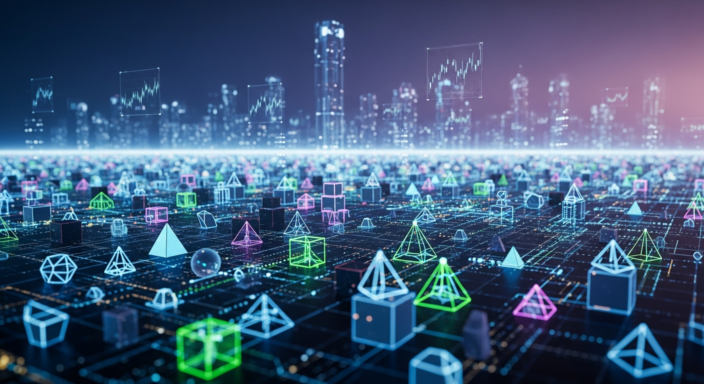 Paisagem financeira futurista e abstrata com rede de formas geométricas brilhantes e interconectadas.