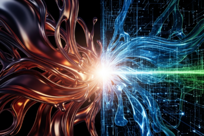 Abstract image: deep, flowing forms of dark liquid swirling with amber and gold.