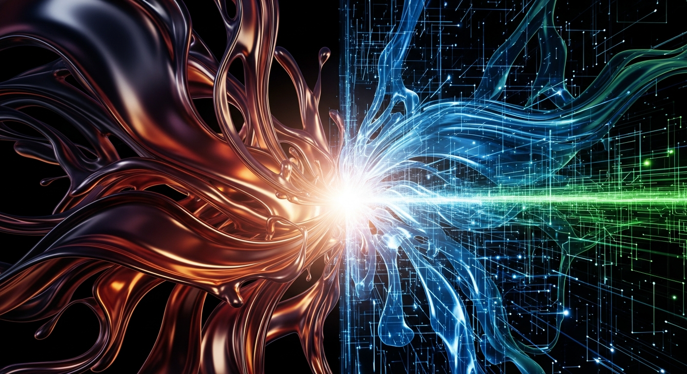 Abstract image: deep, flowing forms of dark liquid swirling with amber and gold.