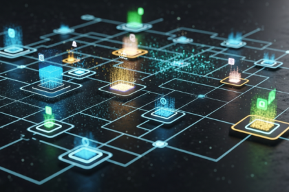 Rede abstrata de nós geométricos brilhantes e caminhos de dados elegantes simbolizando ativos digitais.