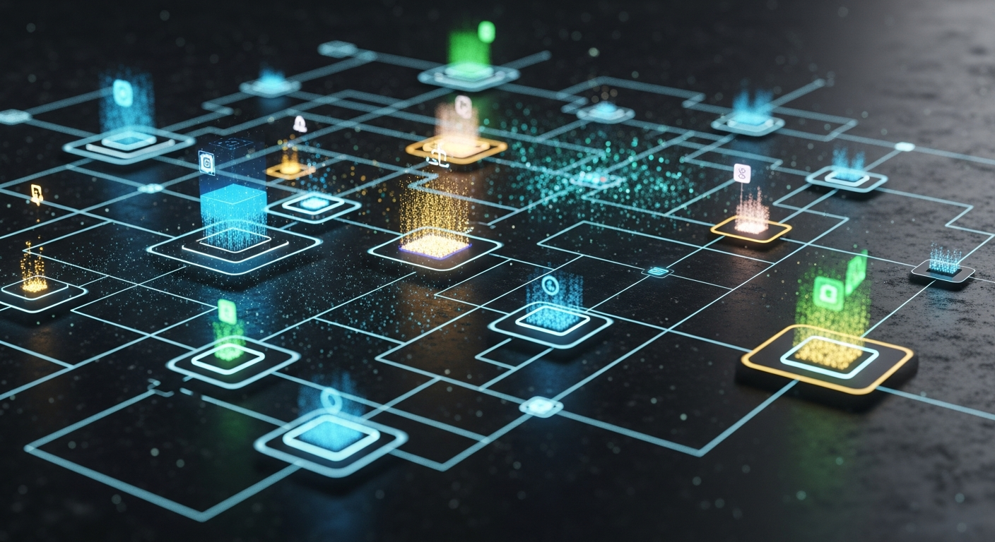 Rede abstrata de nós geométricos brilhantes e caminhos de dados elegantes simbolizando ativos digitais.
