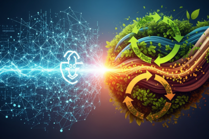 Arte digital abstrata dinâmica, fundindo elementos de blockchain e economia circular.