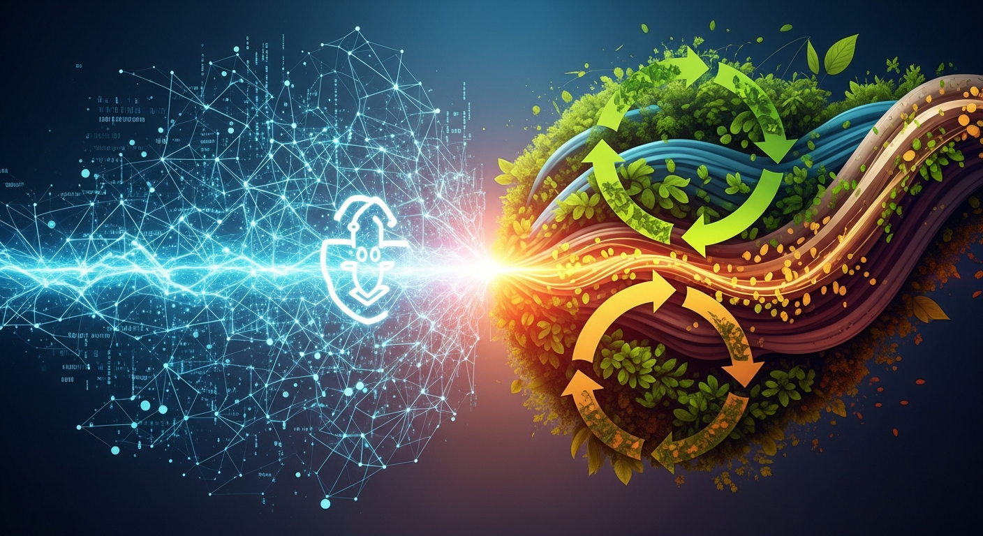 Arte digital abstrata dinâmica, fundindo elementos de blockchain e economia circular.