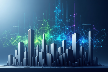 Imagem abstrata: formas arquitetônicas robustas convergem com elementos digitais dinâmicos.