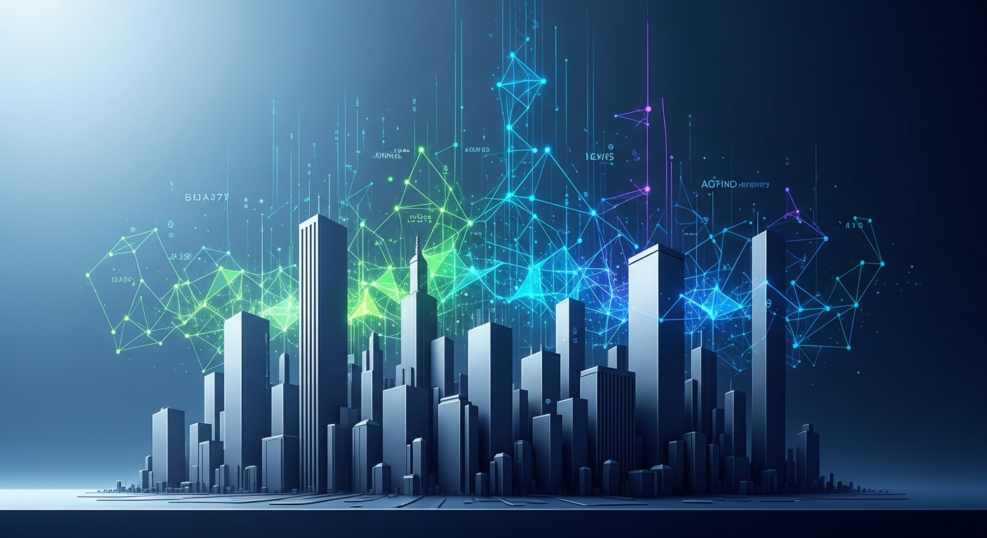 Imagem abstrata: formas arquitetônicas robustas convergem com elementos digitais dinâmicos.
