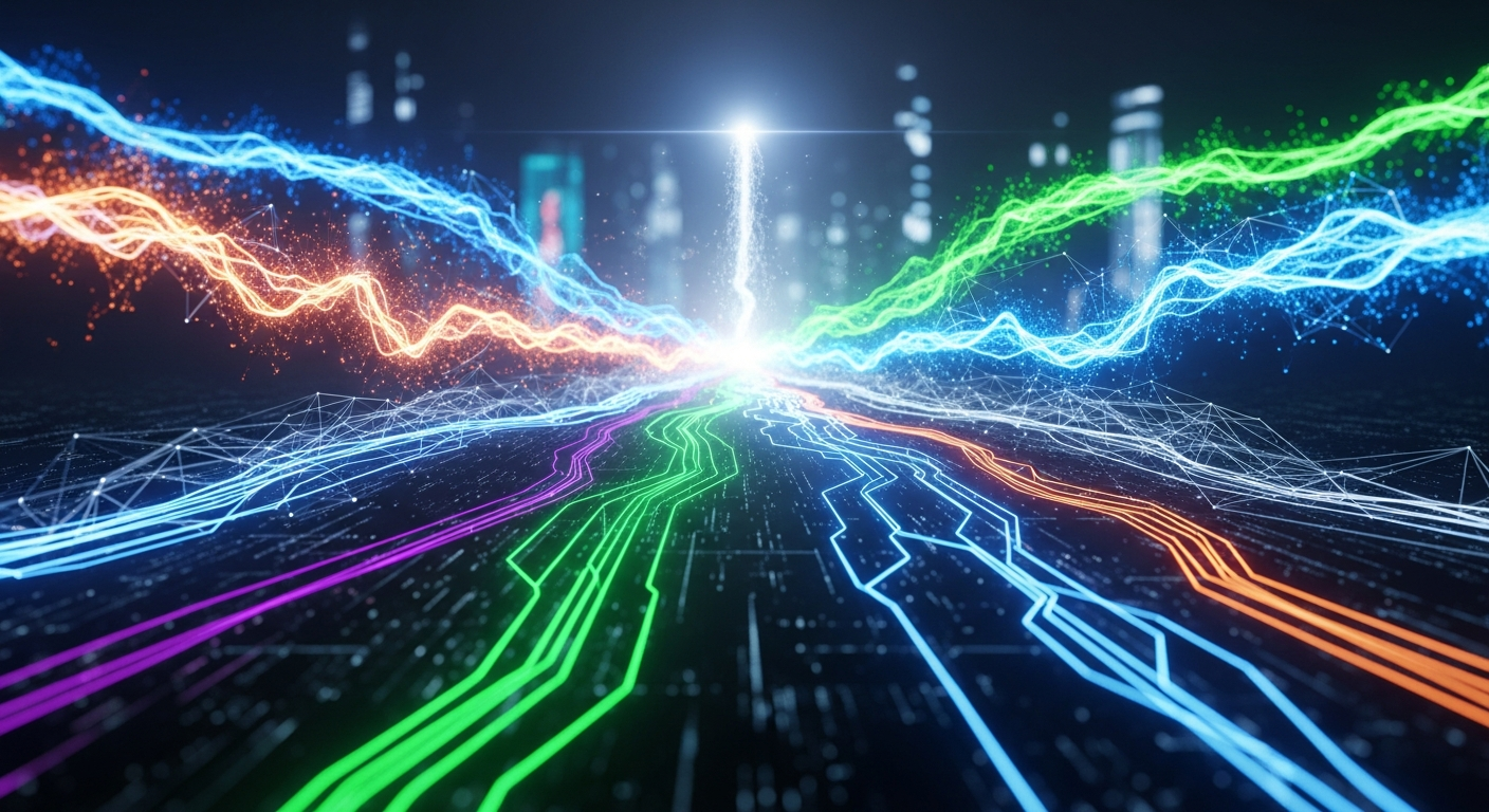 Paisagem digital abstrata e futurista com redes luminosas interligadas, representando interoperabilidade cripto.