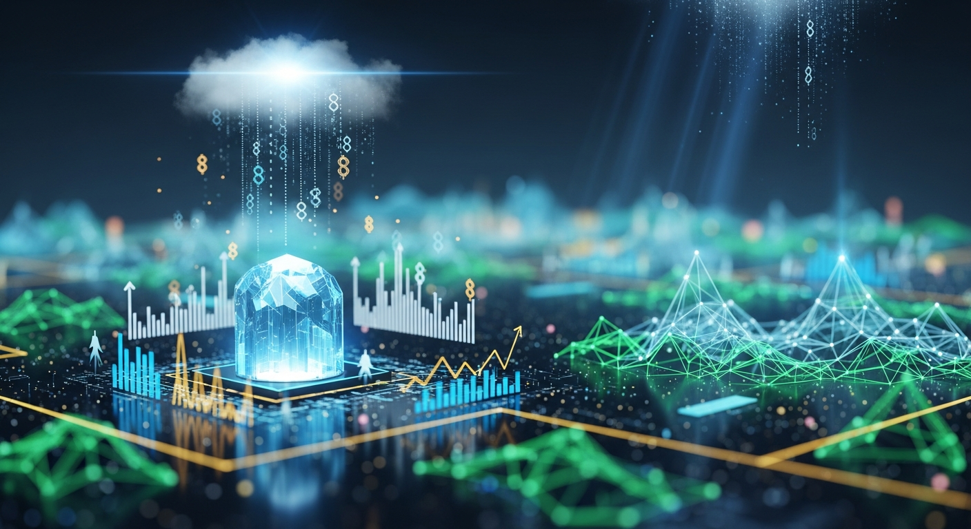 Paisagem abstrata futurista com formas geométricas brilhantes e interconectadas, simbolizando o mercado de criptomoedas.
