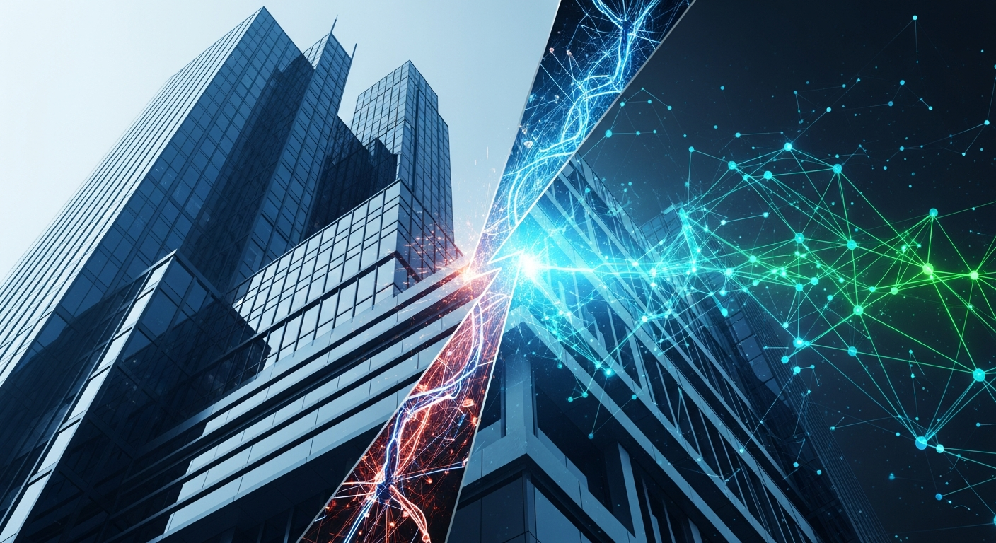 Arquitetura robusta de finanças tradicionais em tensão com paisagem evolutiva de ativos digitais.