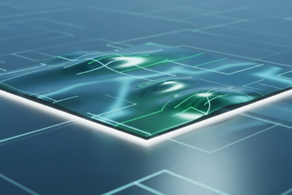 Superfície digital futurista, calma e reflexiva, representando aparente estabilidade de mercado.