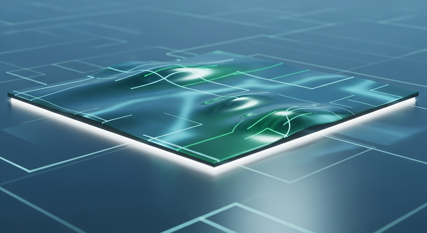 Superfície digital futurista, calma e reflexiva, representando aparente estabilidade de mercado.