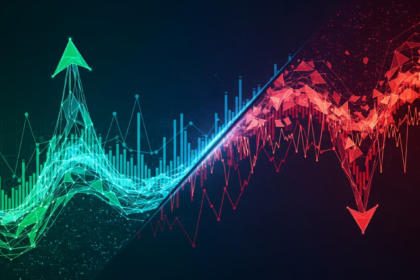 Arte digital abstrata ilustrando divergência de mercado com fluxos de dados geométricos luminosos ascendentes.