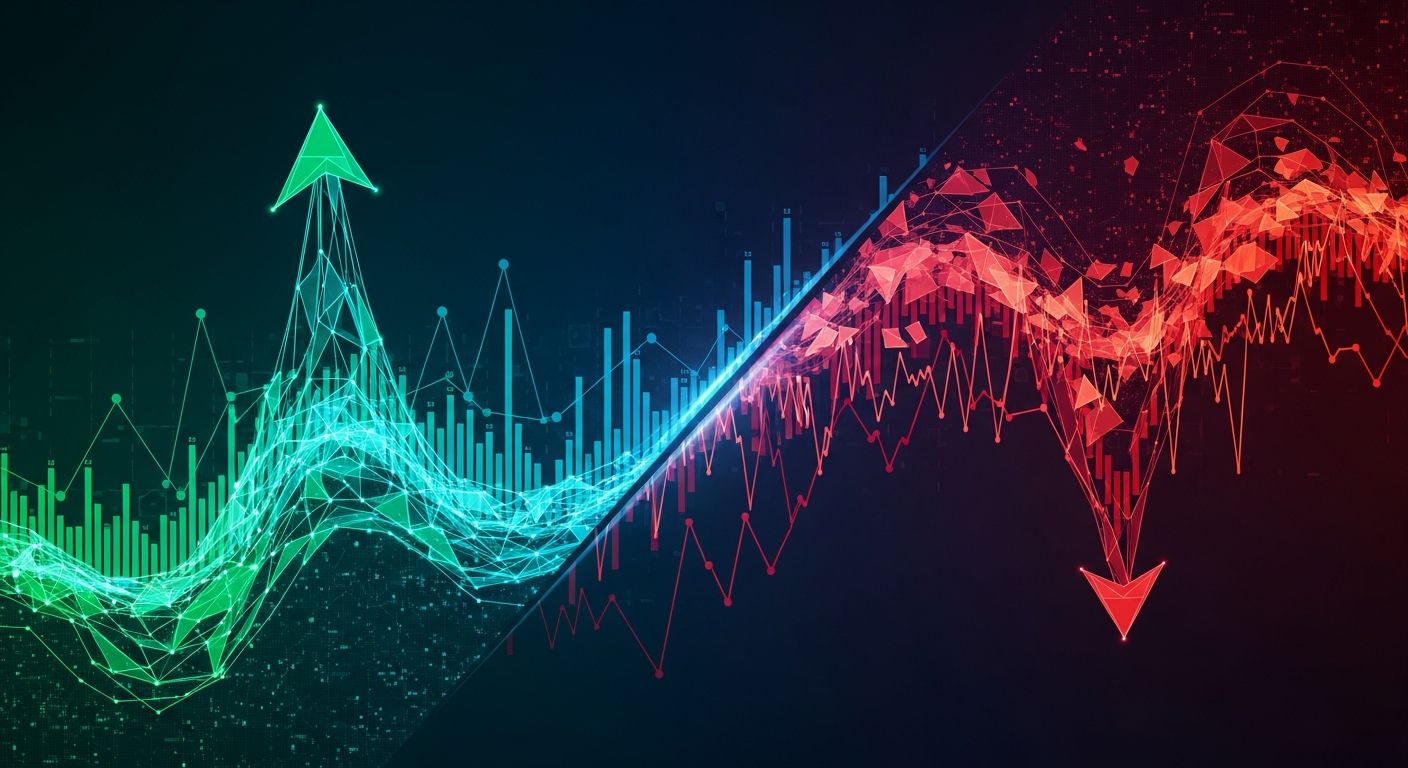 Arte digital abstrata ilustrando divergência de mercado com fluxos de dados geométricos luminosos ascendentes.