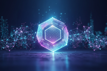 Estrutura geométrica abstrata, brilhante e cristalina, representando o futuro digital do Ethereum.