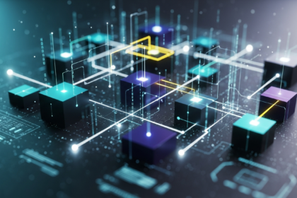 Imagem abstrata moderna com rede luminosa de blocos geométricos interconectados e fluxos de dados.