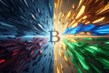 Símbolo abstrato do Bitcoin em encruzilhada, dividindo turbulência e crescimento estratégico.