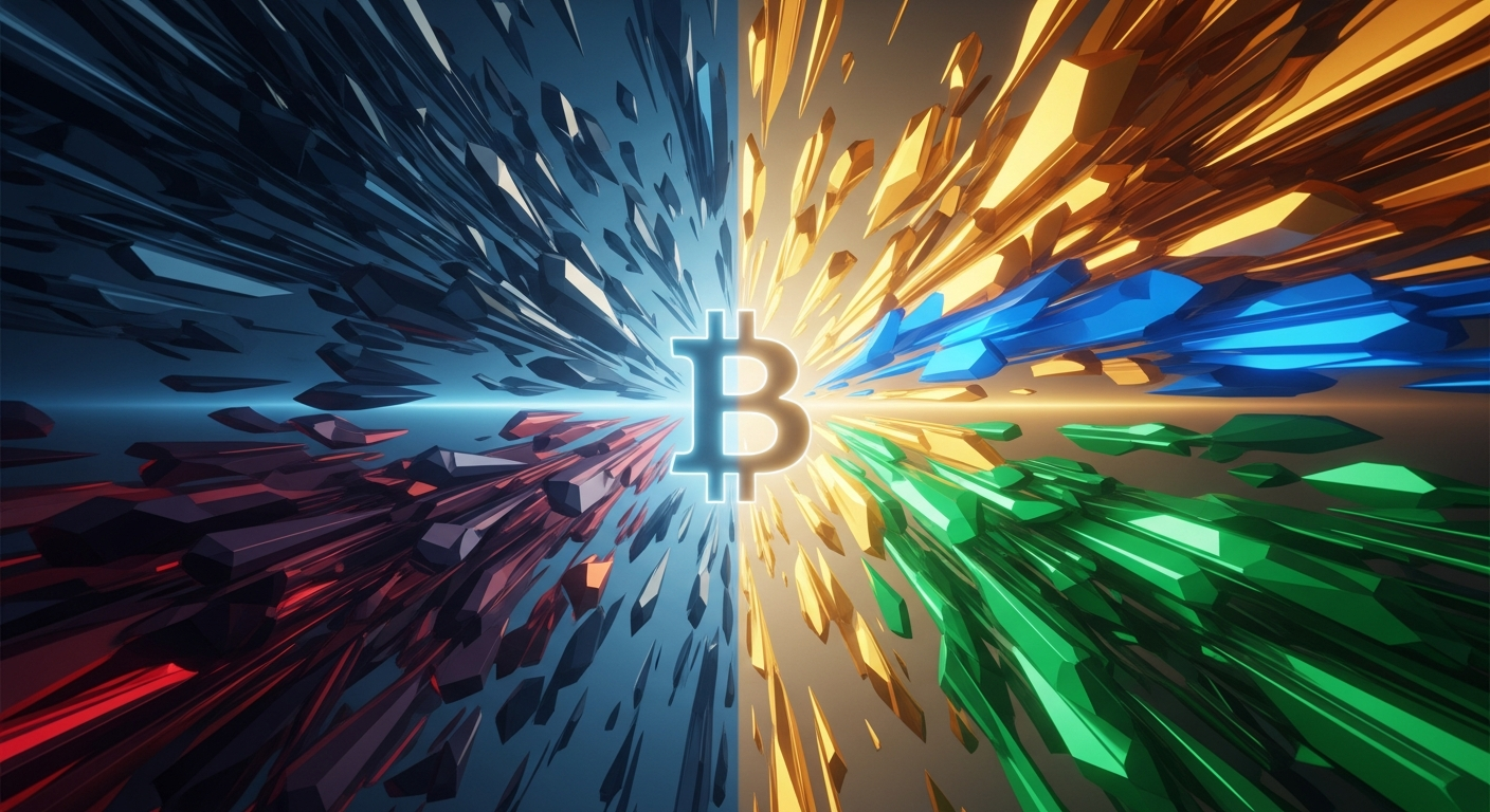 Símbolo abstrato do Bitcoin em encruzilhada, dividindo turbulência e crescimento estratégico.
