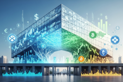 Arte conceitual: hub financeiro futurista, moderno e elegante, integrando ativos digitais às finanças tradicionais.