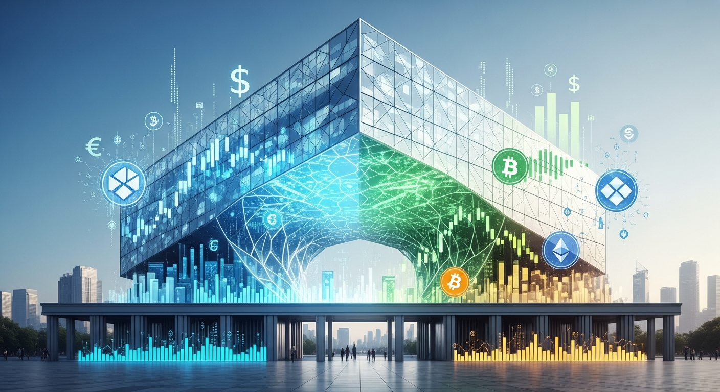 Arte conceitual: hub financeiro futurista, moderno e elegante, integrando ativos digitais às finanças tradicionais.
