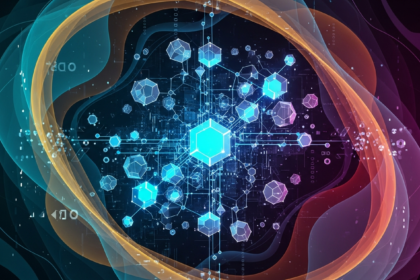 Arte abstrata moderna: rede geométrica brilhante e interconectada, representando um ecossistema digital blockchain.