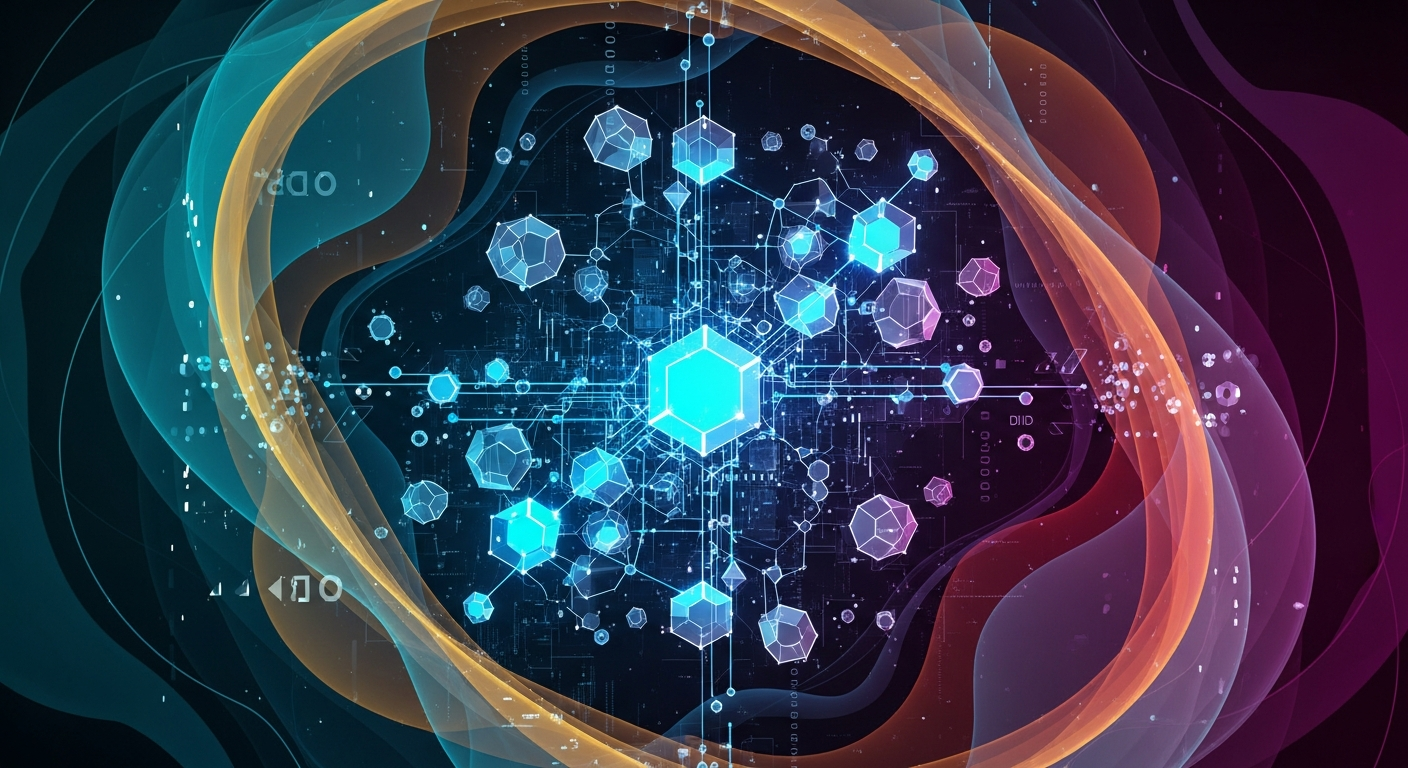 Arte abstrata moderna: rede geométrica brilhante e interconectada, representando um ecossistema digital blockchain.