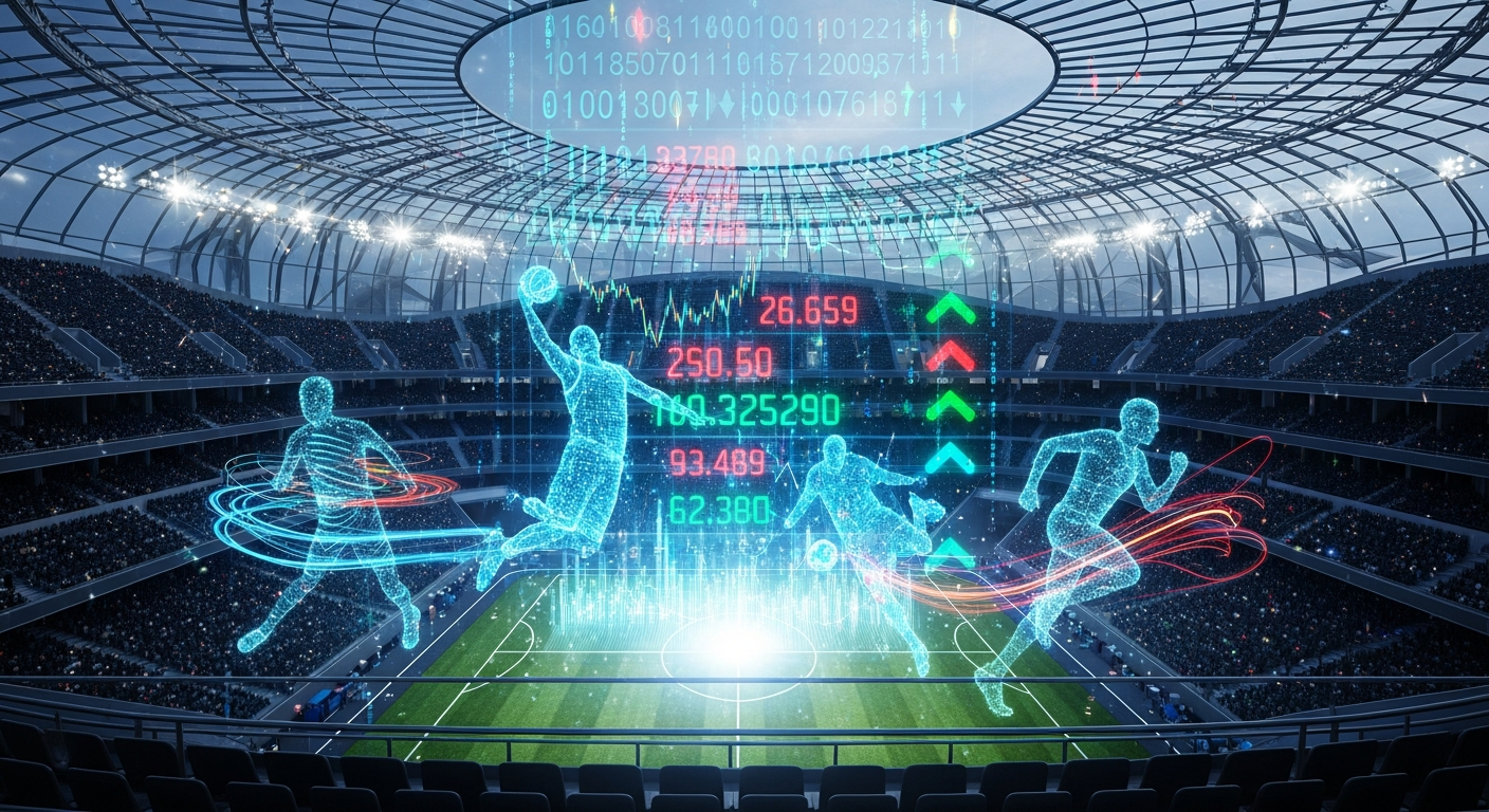 Arte digital moderna: estádio futurista unindo finanças digitais e esportes profissionais de alto nível.