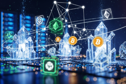 Arte digital moderna com infraestrutura cripto brilhante e acumulação estratégica de ativos digitais.