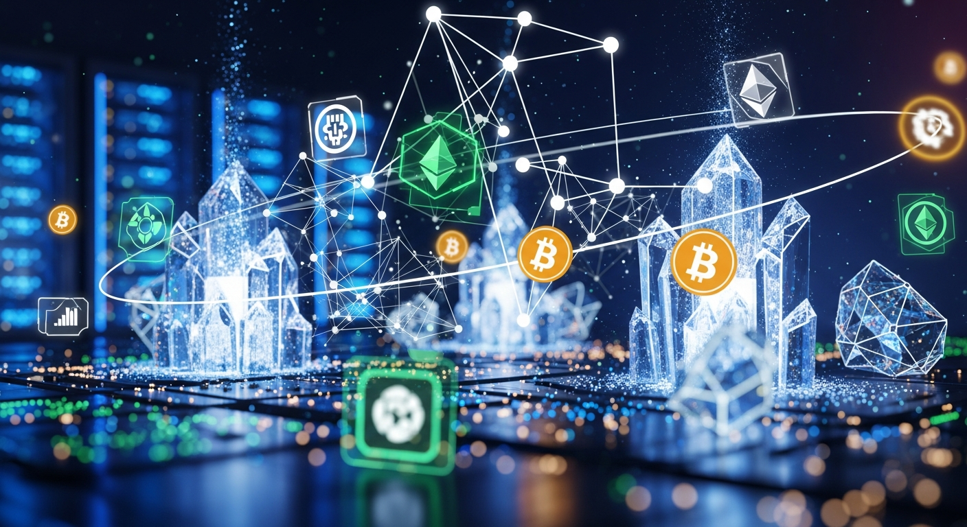 Arte digital moderna com infraestrutura cripto brilhante e acumulação estratégica de ativos digitais.