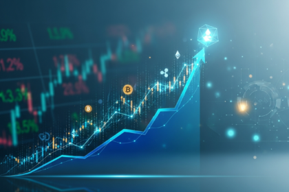 Linha de gráfico ascendente cruzando o crescimento financeiro tradicional e o espaço de ativos digitais.