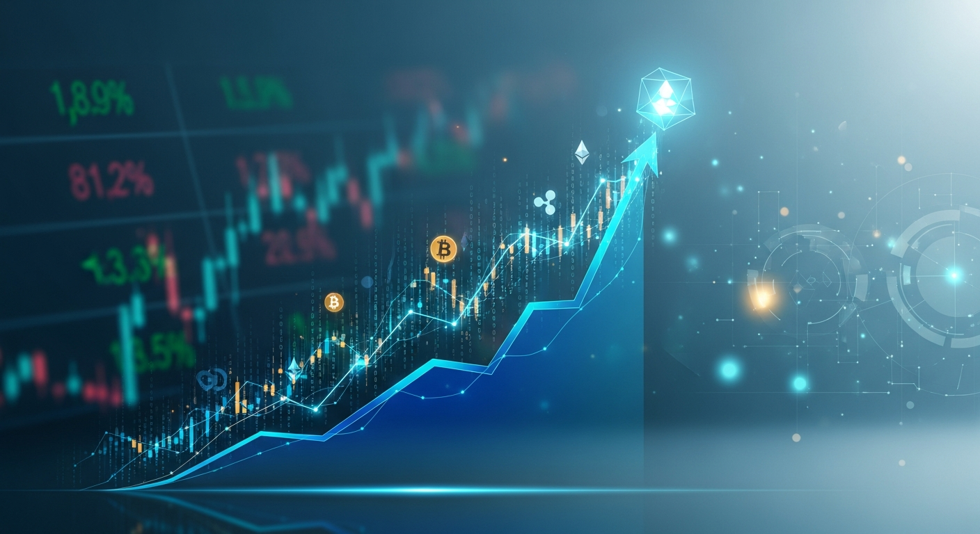 Linha de gráfico ascendente cruzando o crescimento financeiro tradicional e o espaço de ativos digitais.