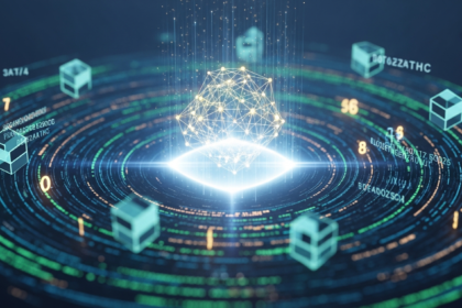 Imagem abstrata e dinâmica de mercado de previsão convergindo com tecnologia blockchain, com