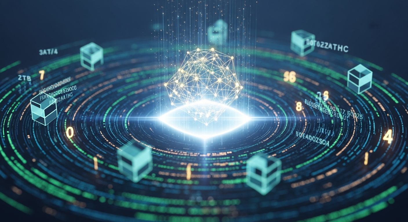 Imagem abstrata e dinâmica de mercado de previsão convergindo com tecnologia blockchain, com