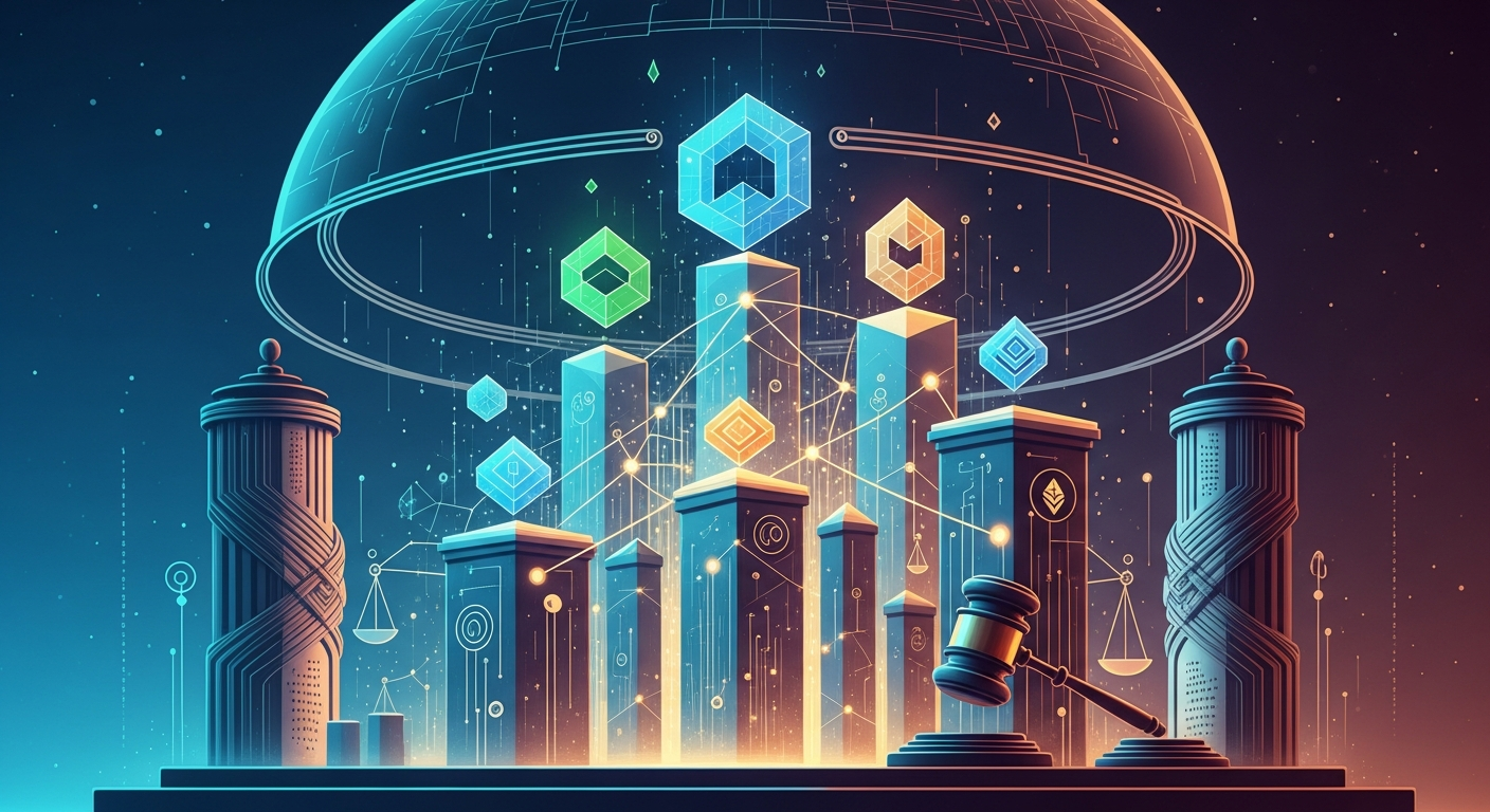 Arte digital: estruturas geométricas luminosas interconectadas, crescimento seguro e regulado de ativos virtuais.