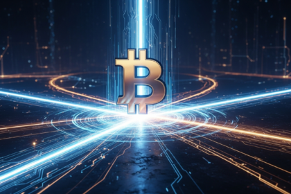 Símbolo abstrato de Bitcoin em ouro metálico e azul, centralizado em encruzilhada digital futurista.