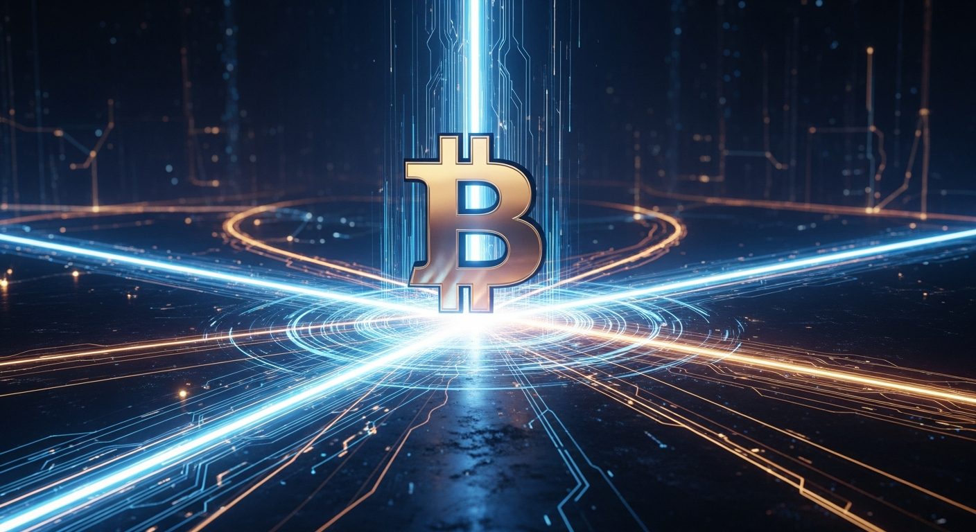 Símbolo abstrato de Bitcoin em ouro metálico e azul, centralizado em encruzilhada digital futurista.