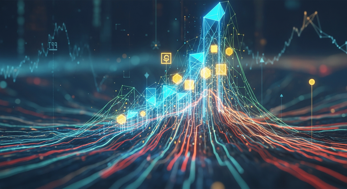 Estrutura digital abstrata robusta e ascendente com linhas brilhantes, simbolizando a resiliência do mercado cripto.