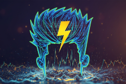 Imagem conceitual abstrata de volatilidade extrema do Bitcoin e padrão de gráfico "Bart Simpson".