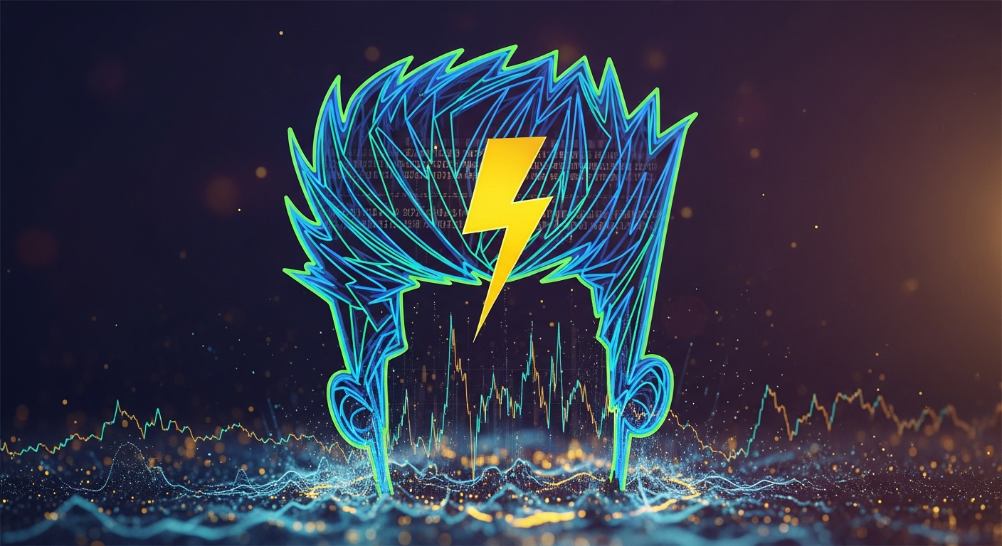 Imagem conceitual abstrata de volatilidade extrema do Bitcoin e padrão de gráfico "Bart Simpson".