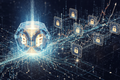 Uma estrutura geométrica abstrata, brilhante e multifacetada, lembrando símbolos de moeda digital.