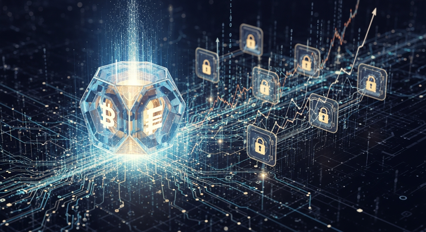 Uma estrutura geométrica abstrata, brilhante e multifacetada, lembrando símbolos de moeda digital.