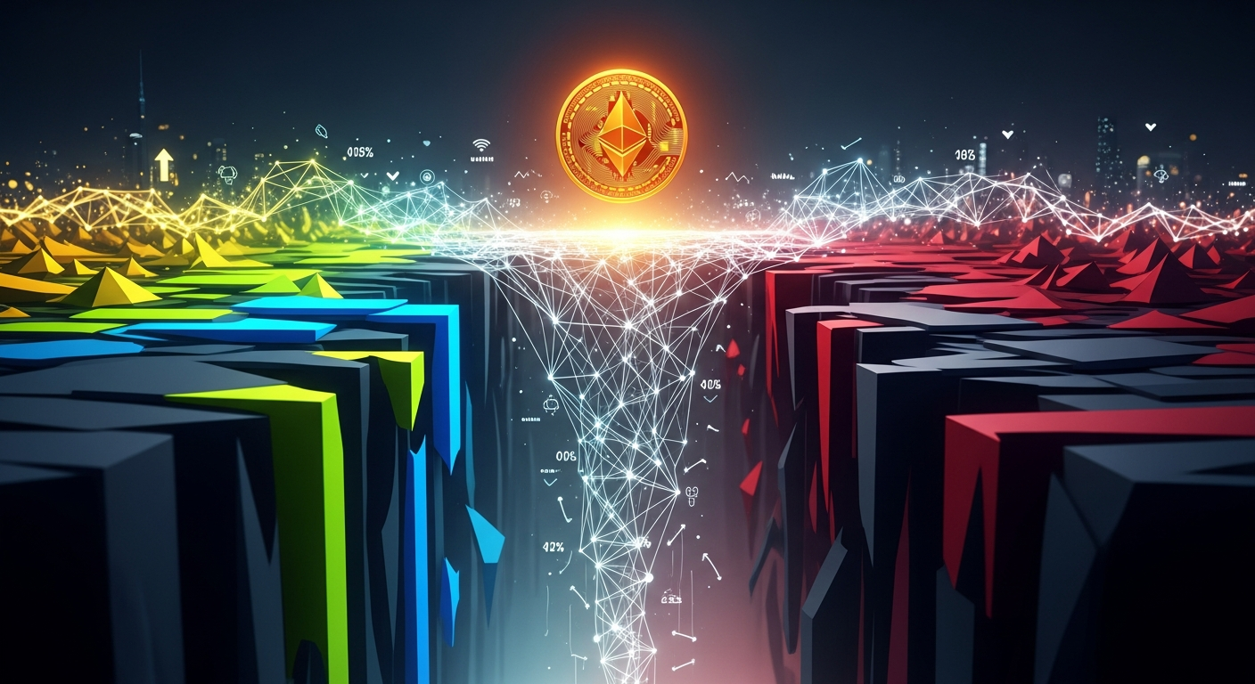 Visually striking arte abstrata de linhas e nós luminosos interconectados sobre finanças digitais.