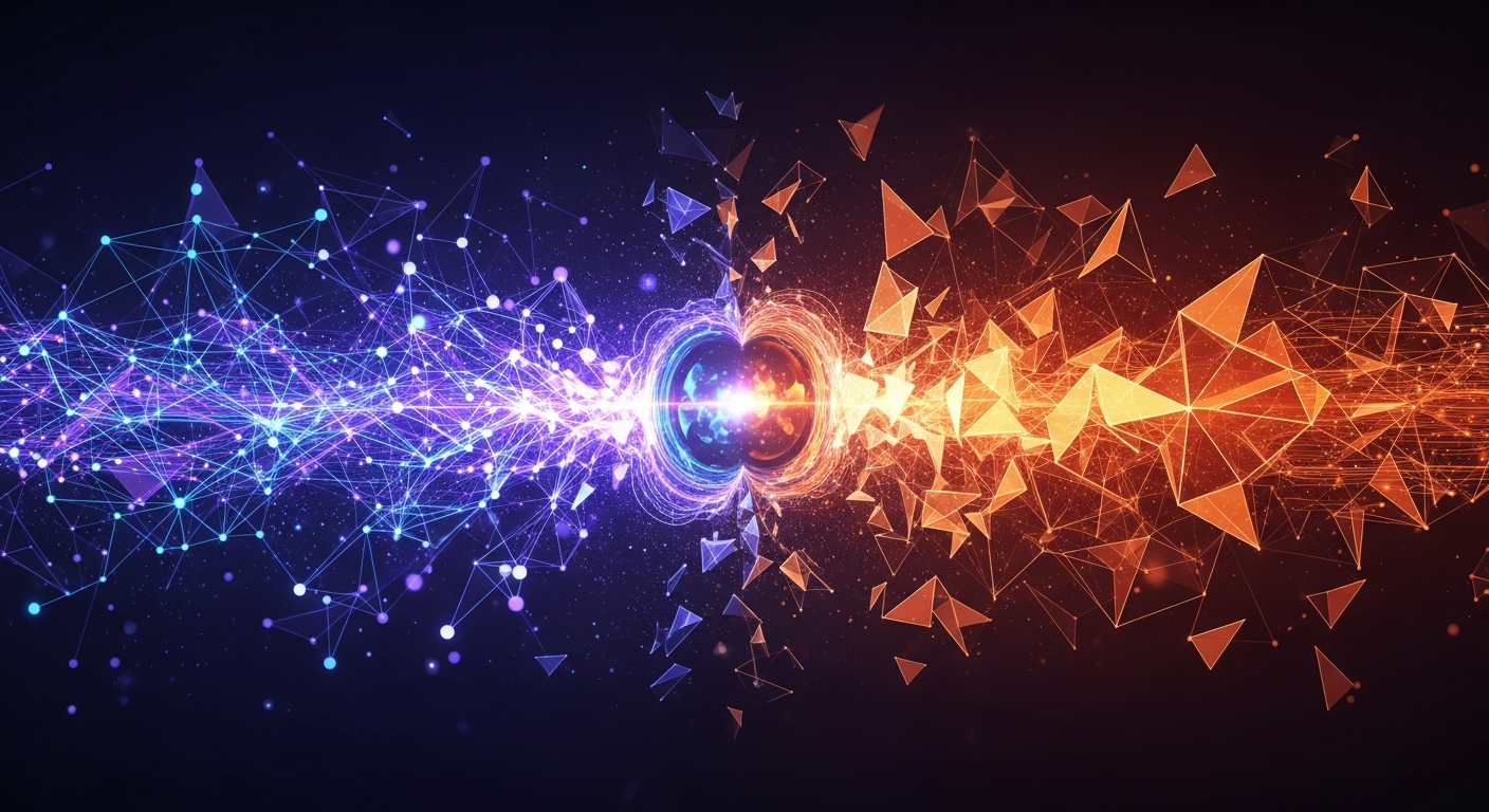 Modern digital art: abstratos fluxos de dados roxos e azuis integrando dois ecossistemas cripto.