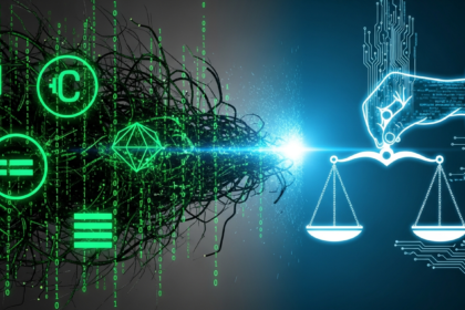 Arte digital moderna: rede escura de código binário e símbolos cripto, representando cibercrime versus justiça.