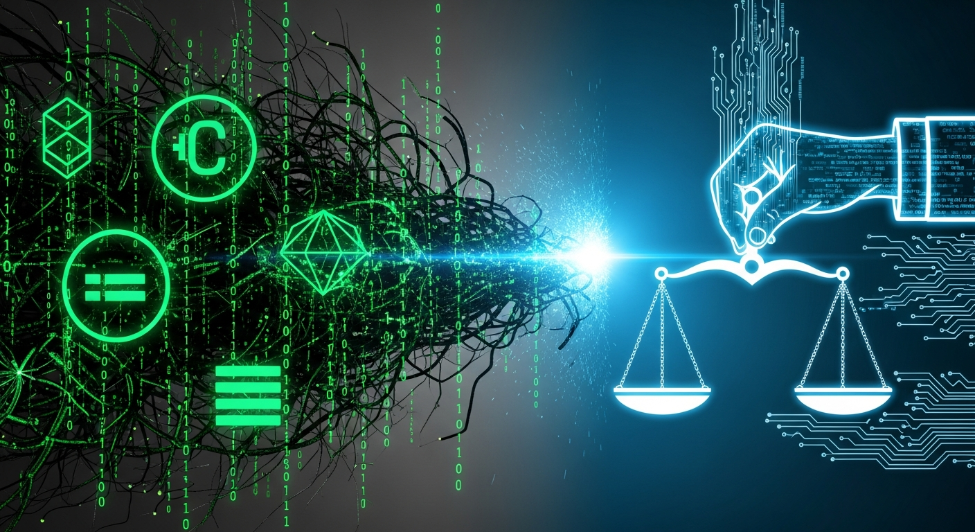 Arte digital moderna: rede escura de código binário e símbolos cripto, representando cibercrime versus justiça.