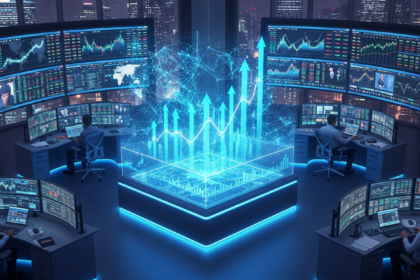Centro de controle financeiro moderno com display holográfico central exibindo dados abstratos e tendências.